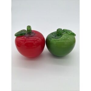 Vintage Murano Style Art Glass Apples Set of 2 Green And Red Fruit